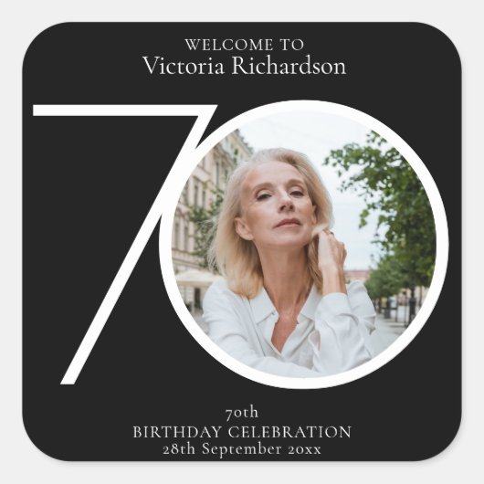 70誕生日ミニマリスト黒タイポグラフィ写真 スクエアシール (正面)