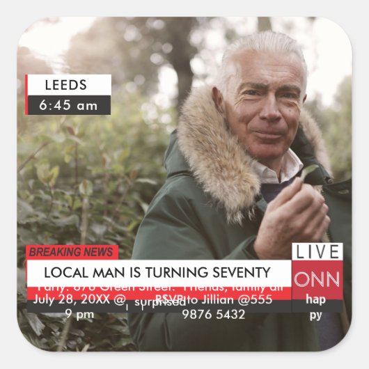 70誕生日メンズ🎉テレビニュースおもしろいフェイクメディア スクエアシール (正面)