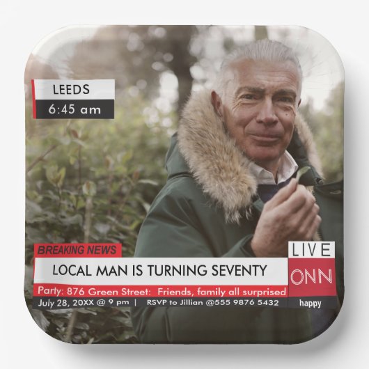 70誕生日メンズ🎉テレビニュースおもしろいフェイクメディア ペーパープレート (正面)