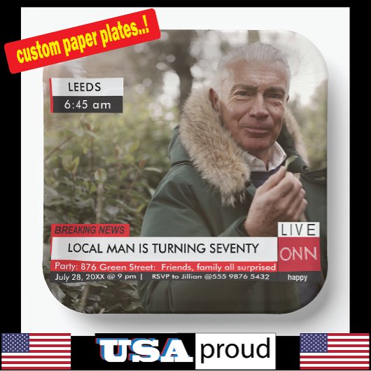 70誕生日メンズ🎉テレビニュースおもしろいフェイクメディア ペーパープレート