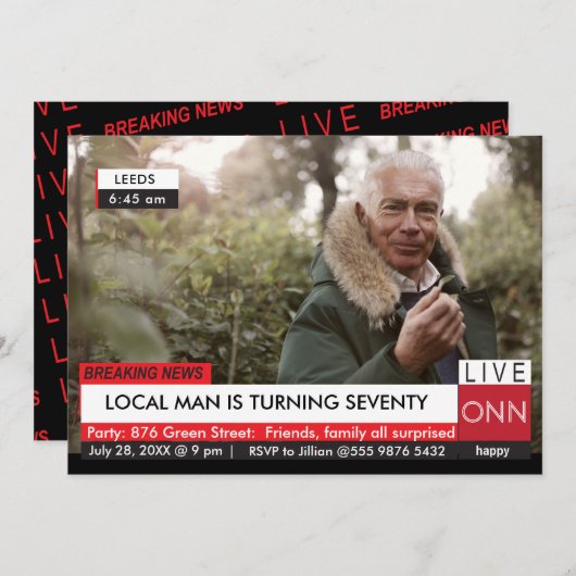 70誕生日メンズ🎉テレビニュースおもしろいフェイクメディア 招待状 (正面/裏面)