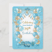 70誕生日レディースブルー金ゴールドバルーンデザイン 招待状 (正面)