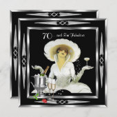 70誕生日レトロディヴァアールデコブラックシルバー2 招待状 (正面/裏面)