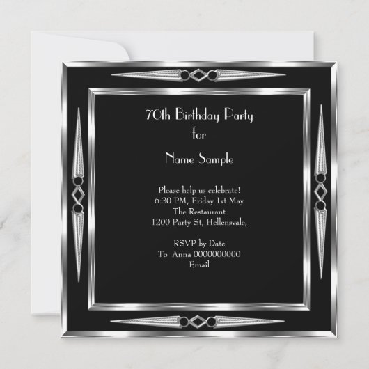 70誕生日レトロディヴァアールデコブラックシルバー2 招待状 (裏面)