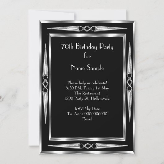 70誕生日レトロディヴァアールデコブラックシルバー 招待状 (裏面)