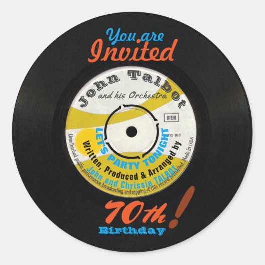 70誕生日レトロレコード45 RPM Rステッカー ラウンドシール (正面)