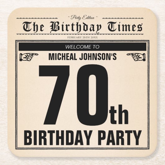 70誕生日ヴィンテージオールド新聞ユニークカスタム スクエアペーパーコースター (正面)