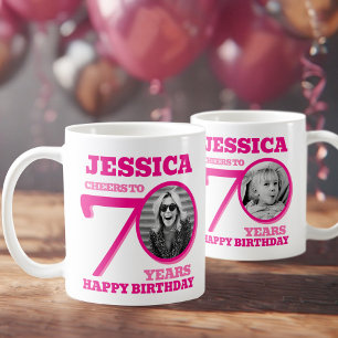 70誕生日両面写真名ピンク文字 コーヒーマグカップ