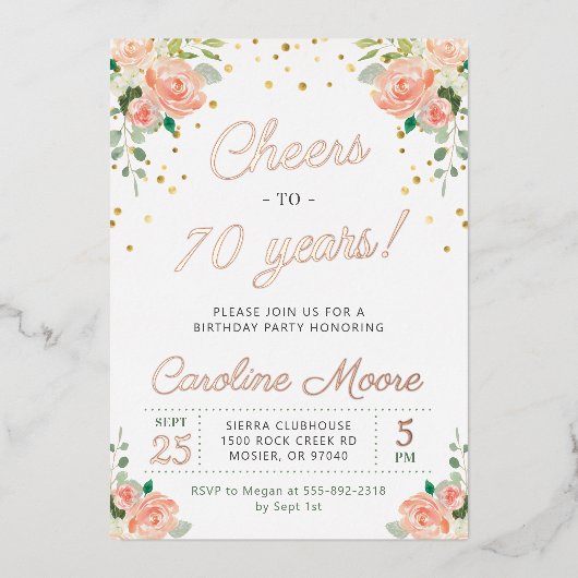 70誕生日応援から70年レディースバラ金ゴールド 箔招待状 (正面)