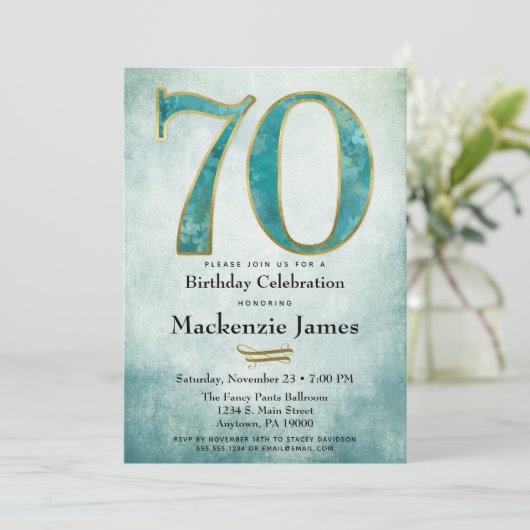70誕生日招待状ターコイズブルー金ゴールド大人 招待状 (スタンド正面)