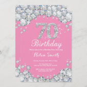 70誕生日招待状ピンクとシルバーダイヤモンド 招待状 (正面/裏面)