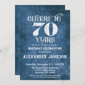 70誕生日招待状ブルーリネン素朴応援 招待状 (正面/裏面)