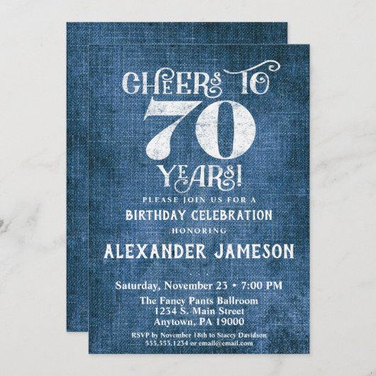 70誕生日招待状ブルーリネン素朴応援 招待状 (正面/裏面)