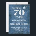 70誕生日招待状ブルーリネン素朴応援 招待状<br><div class="desc">70年の応援を言う白いタイプのブルーリネンのバーラップで素朴な70歳の誕生日パーティーの招待。カジュアル素晴らし誕生祝い適男性へ切な女の誕生日パーティー。</div>