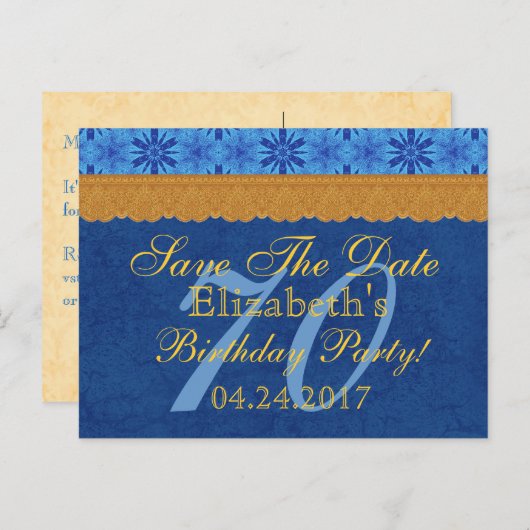 70誕生日日付を保存する青と金ゴールドレース 案内ポストカード (正面/裏面)