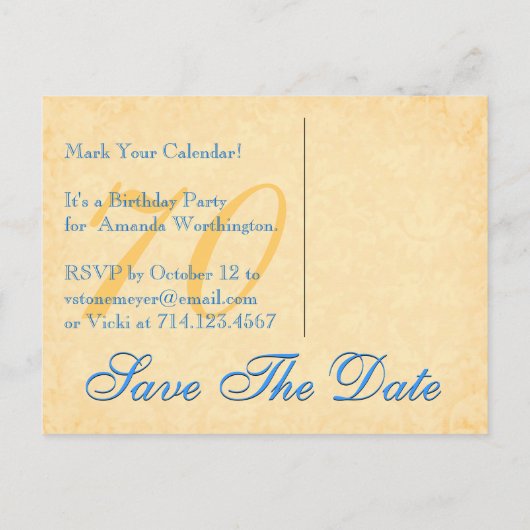 70誕生日日付を保存する青と金ゴールドレース 案内ポストカード (裏面)