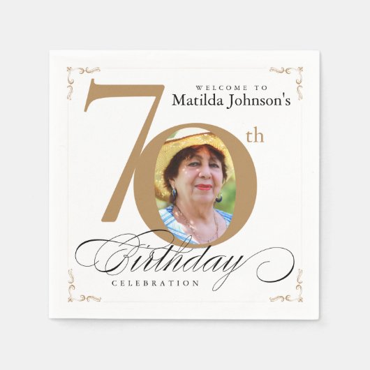70誕生日書道エレガント白金ゴールド写真 スタンダードカクテルナプキン (正面)
