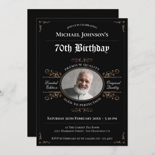 70誕生日熟年から完全黒金ゴールド教室 招待状 (正面/裏面)