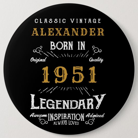 70誕生日生まれ1951年パーソナライズされた、ヴィンテージブラック 缶バッジ (正面)