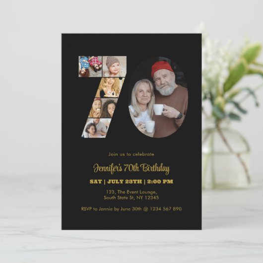 70誕生日番号70フォトコラージッモダンク 招待状 (スタンド正面)