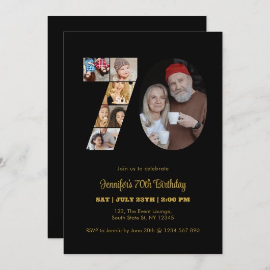 70誕生日番号70フォトコラージッモダンク 招待状 (正面/裏面)