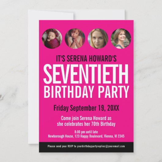 70誕生日白黒ピンク色の写真サークル 招待状 (正面)