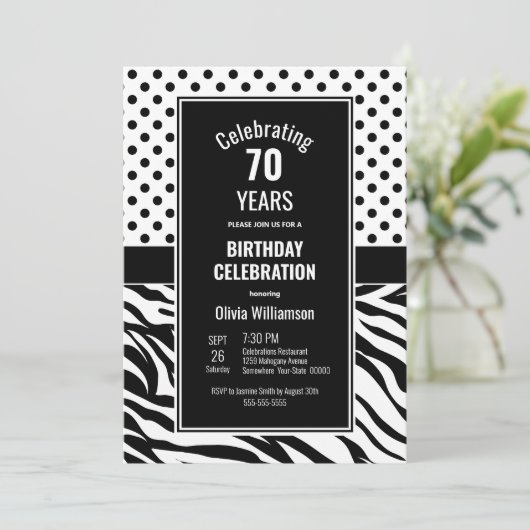 70誕生日白黒水玉模様縞模様 招待状 (スタンド正面)