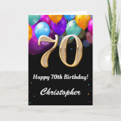 70誕生日目の黒と金ゴールドカラフル風船 カード (正面)
