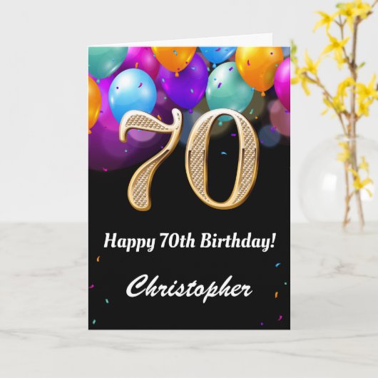 70誕生日目の黒と金ゴールドカラフル風船 カード (黄色い花)