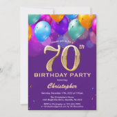 70誕生日紫と金ゴールドカラフル風船 招待状 (正面)