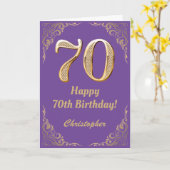 70誕生日紫と金ゴールドグリッター枠 カード (黄色い花)