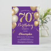 70誕生日紫と金ゴールドバルーン紙吹雪 招待状 (スタンド正面)
