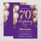 70誕生日紫と金ゴールドバルーン紙吹雪 招待状 (正面/裏面)
