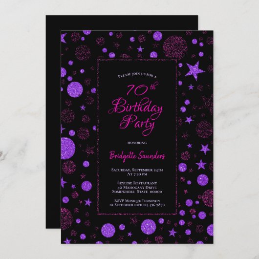 70誕生日紫と黒のパーティー 招待状 (正面/裏面)