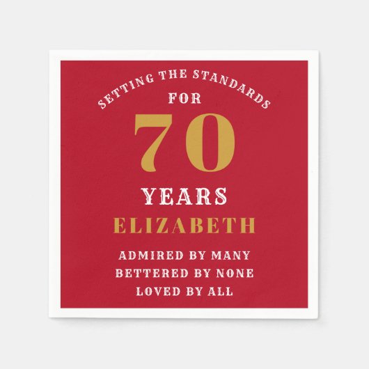 70誕生日赤と金ゴールドの名前の追加 スタンダードカクテルナプキン (正面)
