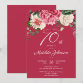 70誕生日赤フローラ植物学エレガントパーティー 招待状 (正面/裏面)