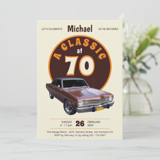 70誕生日車クラシックおもしろいレトロヴィンテージ 招待状 (スタンド正面)