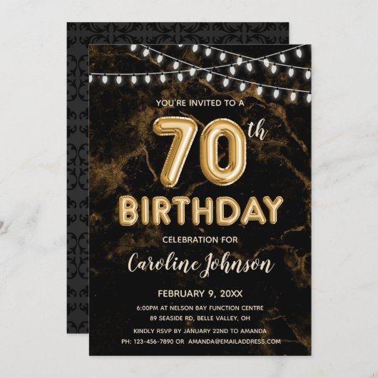 70誕生日金ゴールドバルーン誕生日招待状 招待状 (正面/裏面)