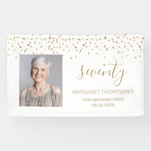 70誕生日金ゴールド紙吹雪三角形フォトホワイト 横断幕 (横)