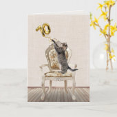 70誕生日風船とタビー猫 カード (黄色い花)