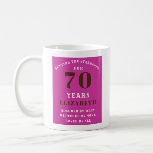 70誕生日鮮やかピンクお名前 コーヒーマグカップ (左)