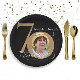 70誕生日黒エレガント金ゴールド書道写真 ペーパープレート
