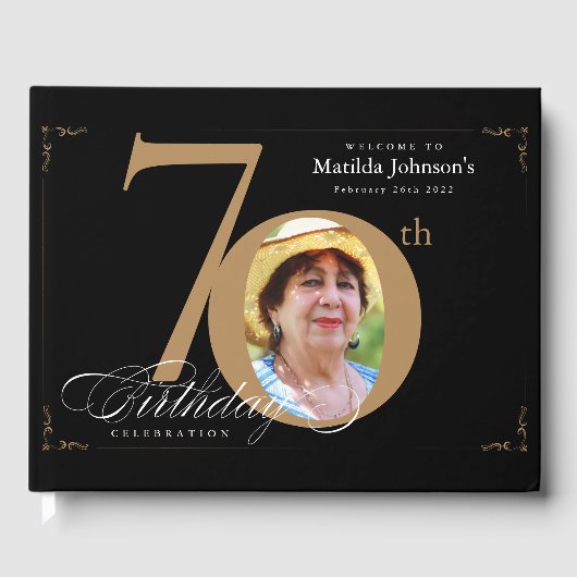 70誕生日黒エレガント金ゴールド書道 ゲストブック (正面)