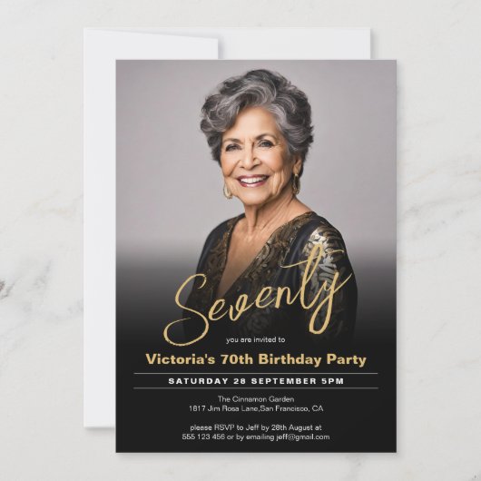 70誕生日黒モダン金ゴールド写ミニマル真 招待状 (正面)