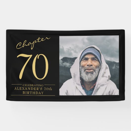 70誕生日黒金ゴールド写真 横断幕 (横)