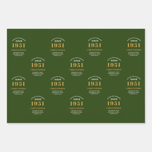 70誕生日1951グリーン金ゴールドパーソナライズされた ラッピングペーパーシート (正面3)