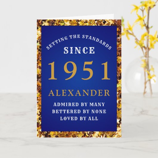 70誕生日1951生まれ金ゴールドブルーお名前を追加 カード (黄色い花)