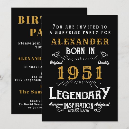 70誕生日1951生まれ黒金ゴールドレトロヴィンテージ 招待状 (正面/裏面)