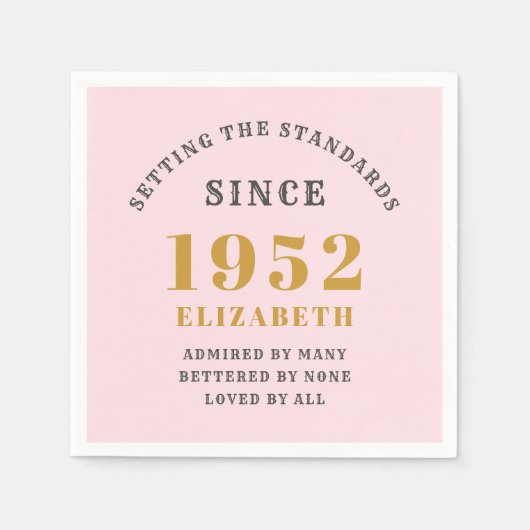 70誕生日1952エレガント金ゴールドピンク スタンダードカクテルナプキン (正面)