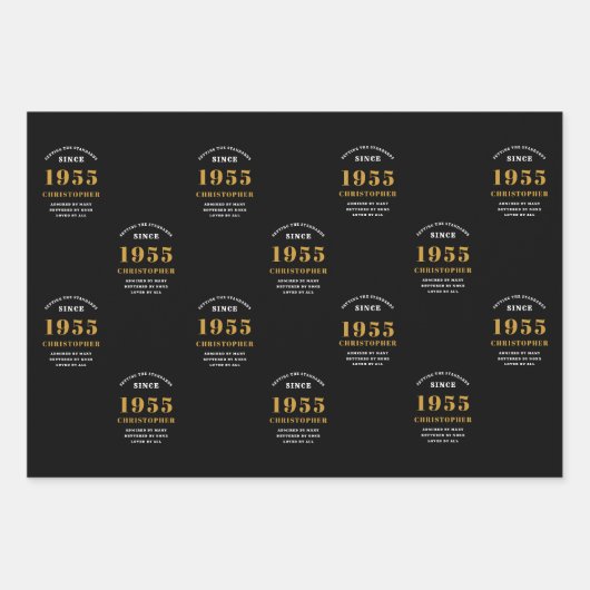 70誕生日1955生まれ名を追加黒い金ゴールド ラッピングペーパーシート (正面3)